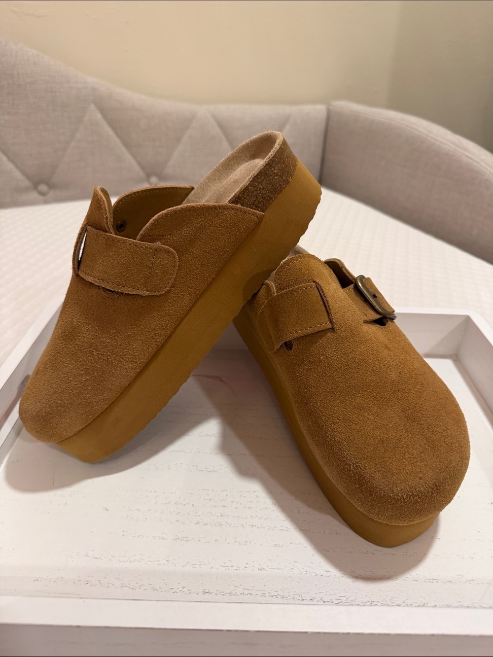 Women's Suede Buckle Platform Clog in Brown - Picture 2 of 6